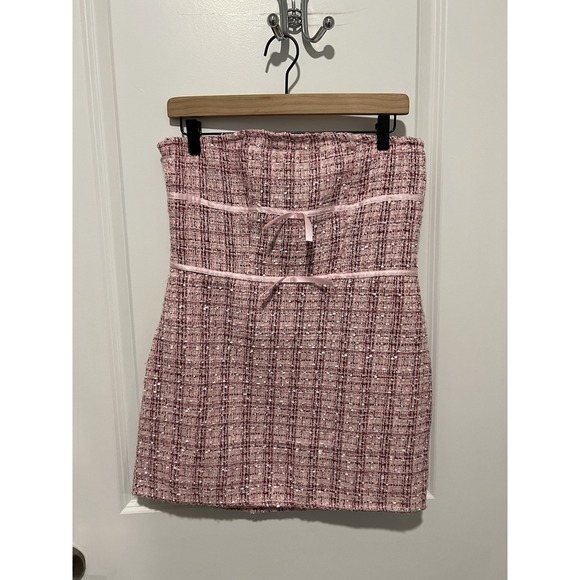 PrettyLittleThing Dresses & Skirts - Pretty Little Thing Tweed Pink Mini‎ Bandeau Bows Dress US 8 EUR 40 UK 12 NWT